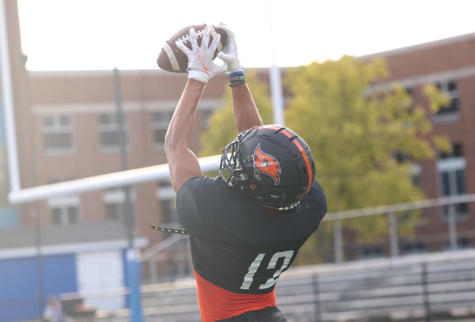 Ryle wide receiver Kaden Gardner catches the ball during their scrimmage against Highlands Tuesday, Aug. 9, 2022.