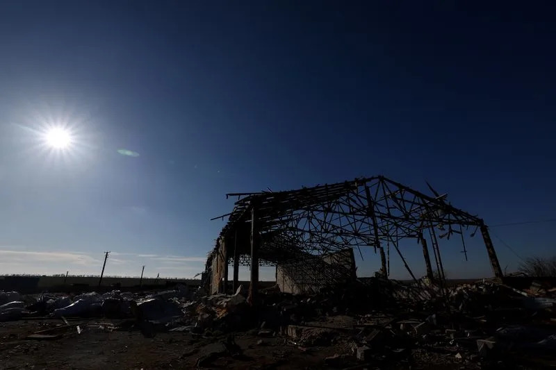 A general view of the destroyed barn of grain farmer Andrii Povod, amid Russia's invasion of Ukraine, in Bilozerka