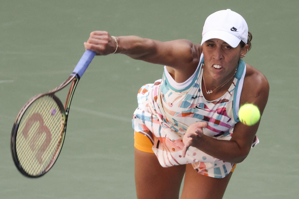 Madison Keys, of the United States, serves to Liudmila Samsanova, of Russia, during the third round of the U.S. Open tennis championships, Saturday, Sept. 2, 2023, in New York. (AP Photo/Andres Kudacki)