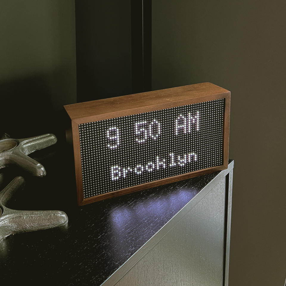 the tidbyt displaying the current time for Brooklyn NY