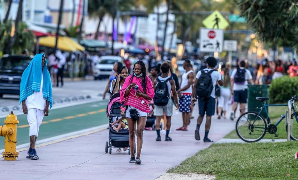 Spring breakers walked along Ocean Drive in South Beach, on Saturday March 26, 2022,