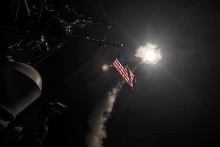 U.S. Navy guided-missile destroyer USS Porter (DDG 78) conducts strike operations while in the Mediterranean Sea which U.S. Defense Department said was a part of cruise missile strike against Syria on April 7, 2017. Ford Williams/Courtesy U.S. Navy/Handout via REUTERS