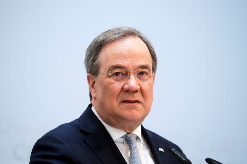 FILE PHOTO: German Christian Democratic Union Party Leader Armin Laschet briefs the media after a meeting of the party's board at the headquarters in Berlin, Germany, April 12