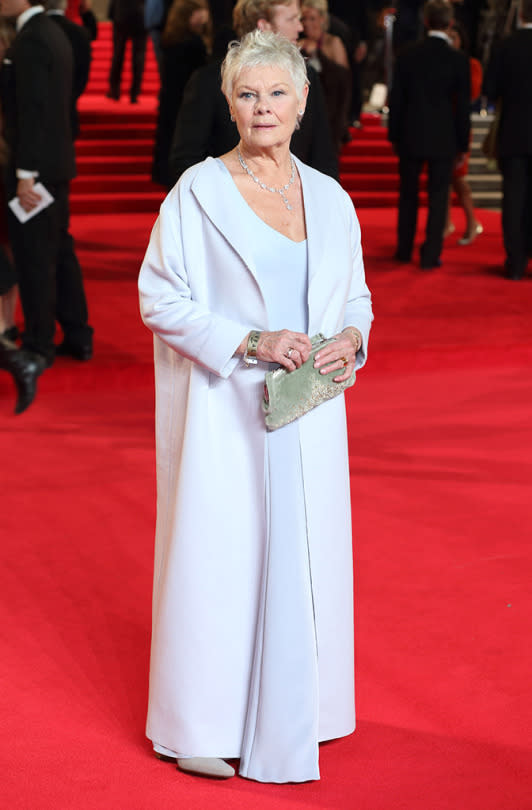<p>Dame Judi Dench — in her last appearance as M — on the London red carpet on Oct. 23, 2012. (Photo: Getty Images) <br></p>