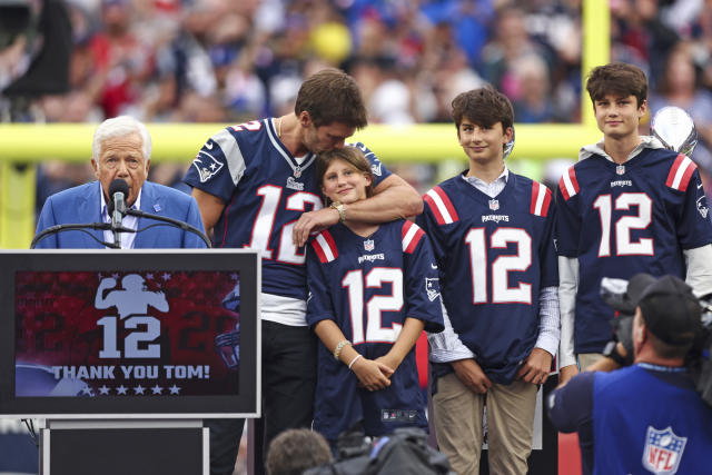 Tom Brady shares a special snap with his three kids - Jack, 16, Benjamin,  13 and Vivian, 10 - atop Gillette Stadium before he's honored at halftime  of the New England Patriots