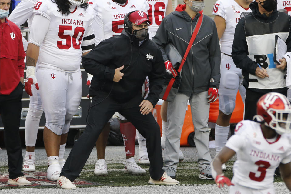 Indiana head coach Tom Allen watches his team play against Ohio State during an NCAA college football game Saturday, Nov. 21, 2020, in Columbus, Ohio. (AP Photo/Jay LaPrete)