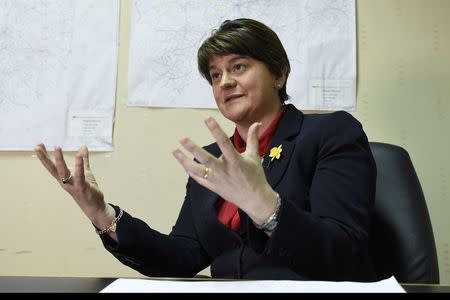 DUP leader Arlene Foster is interviewed by Reuters at the DUP office in Omagh, Northern Ireland February 24, 2017. REUTERS/Clodagh Kilcoyne