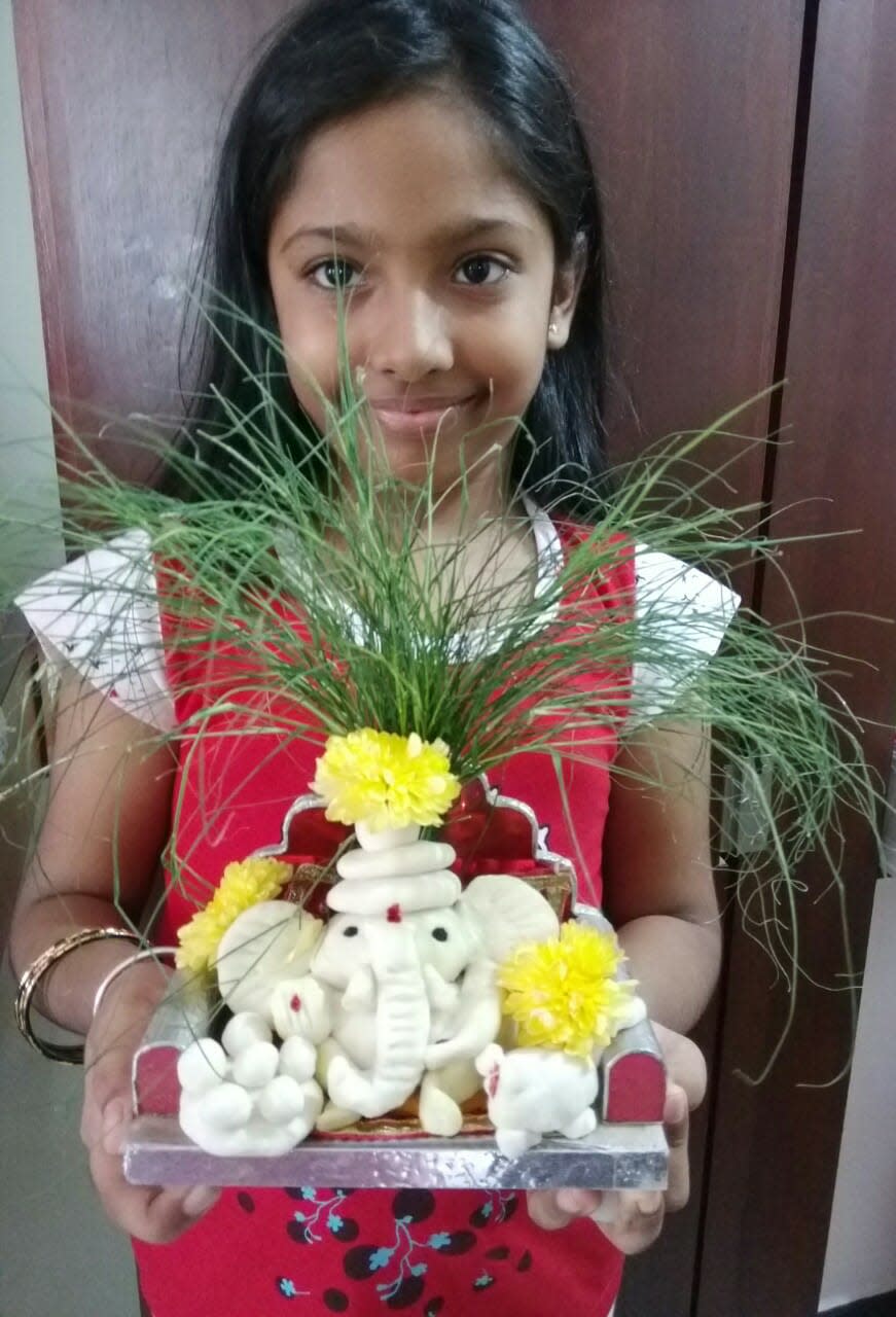 Anurag Parasrampuria from Tamil Nadu: "This year we celebrated Ganesh pooja with eco friendly self made Ganesha by my 8-year-old daughter, Anishka Parasrampuria." <br>