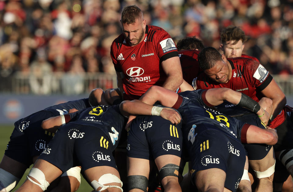 Crusaders Luke Ramano stands in a maul during the Super Rugby Aotearoa rugby game between the Crusaders and the Highlanders in Christchurch, New Zealand, Sunday, Aug. 9, 2020. (AP Photo/Mark Baker)