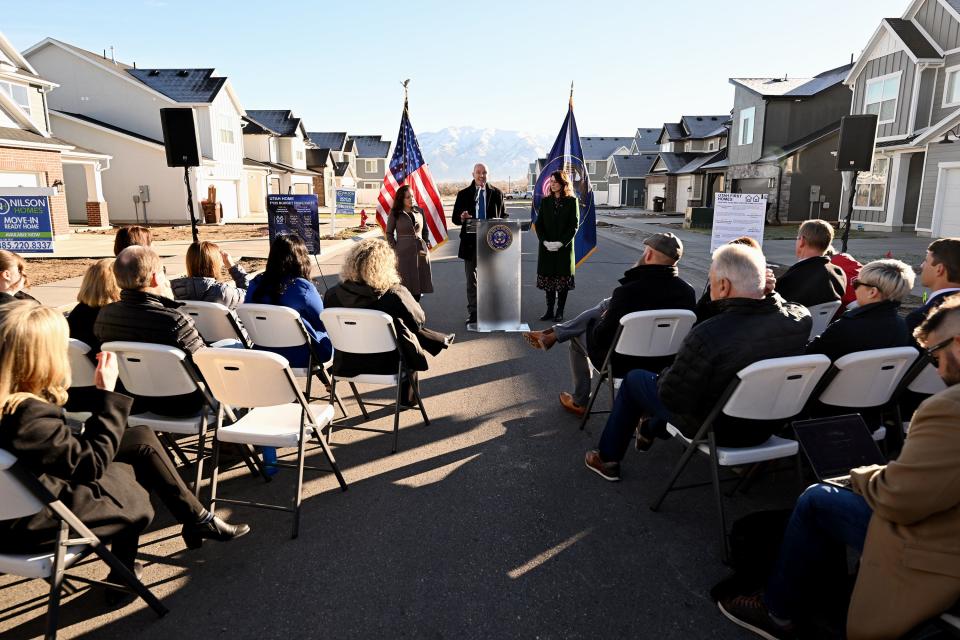 Gov. Spencer Cox and Lt. Gov. Deidre Henderson announce their state budget proposal at a press conference in West Haven on Tuesday, Dec. 5, 2023. | Scott G Winterton, Deseret News