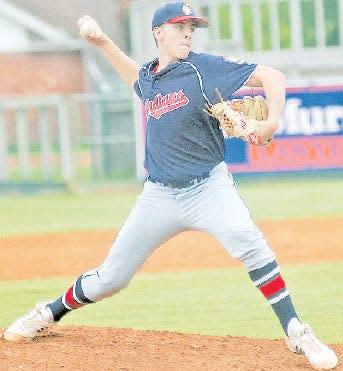 Zach Merciez goes into power pitching mode for the Doenges Ford Indians during the 2010 Glen Winget tourney.