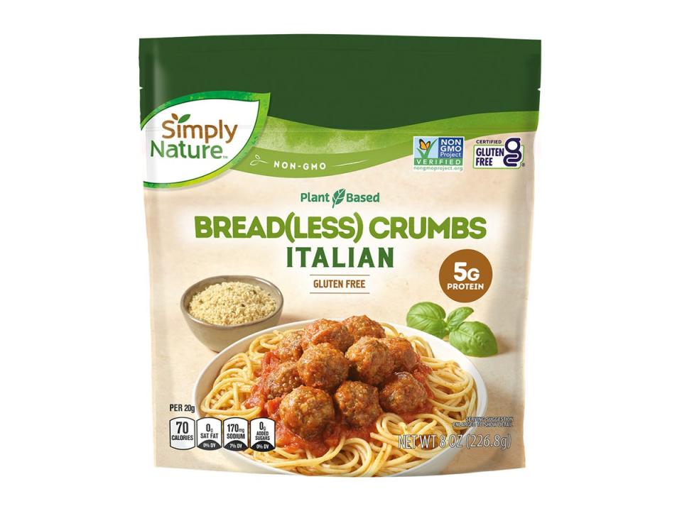 Simply Nature breadless crumbs Italian in a green pouch with a picture of spaghetti on package