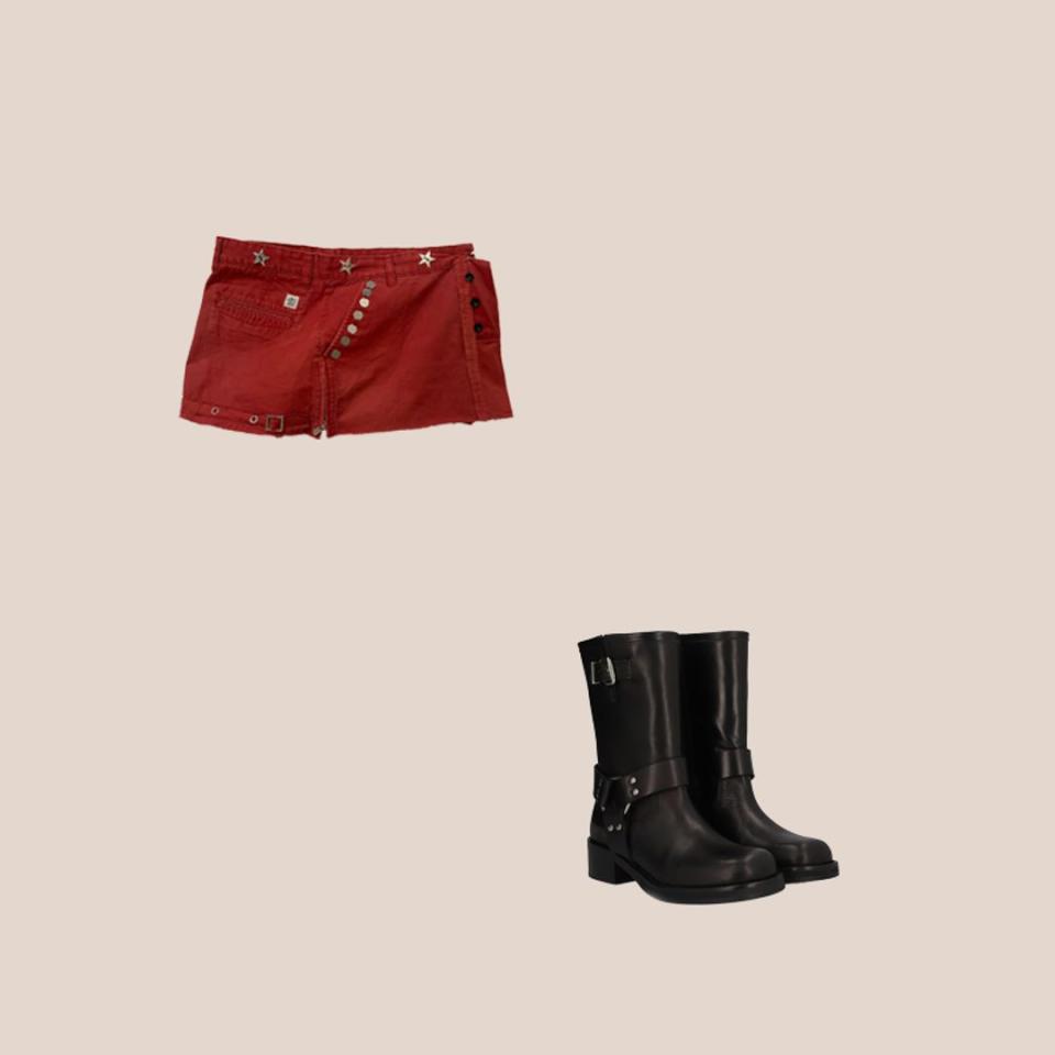 Minifalda roja y botas biker bajas