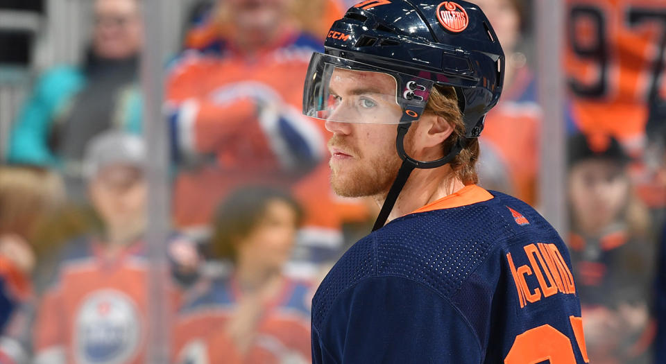 EDMONTON, AB - JANUARY 31: Connor McDavid #97 of the Edmonton Oilers warms up prior to the game against the St. Louis Blues on January 31, 2020, at Rogers Place in Edmonton, Alberta, Canada. (Photo by Andy Devlin/NHLI via Getty Images) 