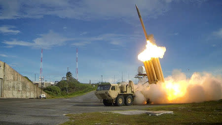 FILE PHOTO: A Terminal High Altitude Area Defense (THAAD) interceptor is launched during a successful intercept test, in this undated handout photo provided by the U.S. Department of Defense, Missile Defense Agency. U.S. Department of Defense, Missile Defense Agency/Handout via Reuters/File Photo