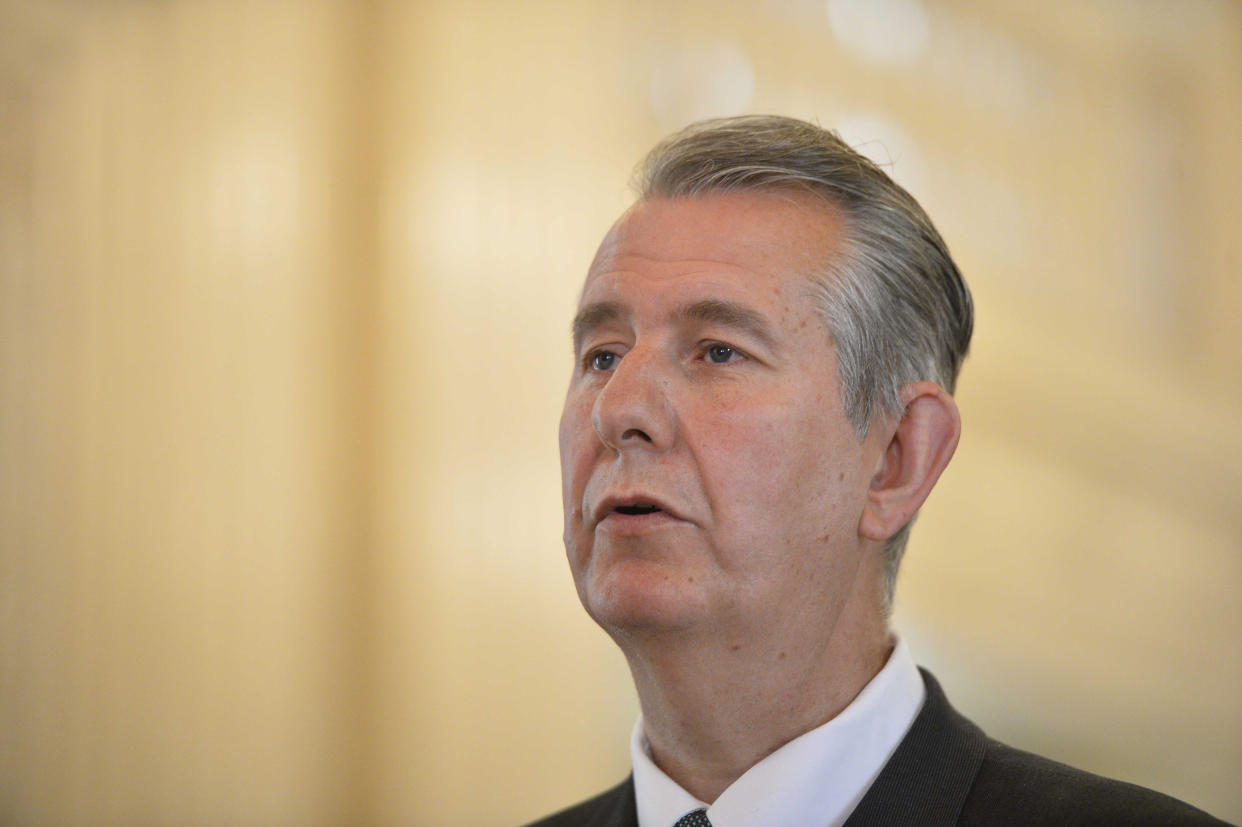 DUP leader Edwin Poots holds a press conference at Parliament Buildings in Belfast (Mark Marlow/PA)