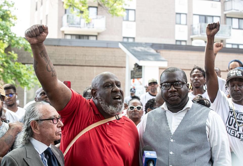 Raymond Fowler, left, the father of Jarrell Garris, along with family members and supporters, demand justice as they speak to the media about the shooting of Garris by New Rochelle police this past Monday. Garris was shot by police during a scuffle on Lincoln Ave. in which police were attempting to arrest him after a nearby market called the police about Garris possibly stealing food.