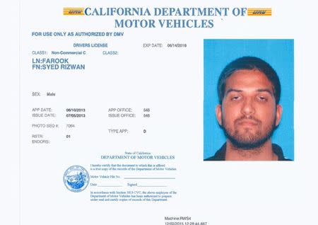 Syed Rizwan Farook is pictured in his California driver's license, in this undated handout provided by the California Department of Motor Vehicles, December 3, 2015. REUTERS/California Department of Motor Vehicles/Handout