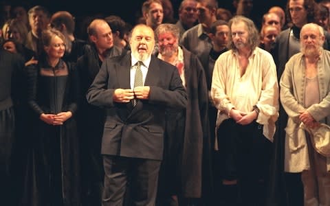 Peter Hall with the cast of King Lear at the Old Vic (1997) - Credit: Jeff Gilbert