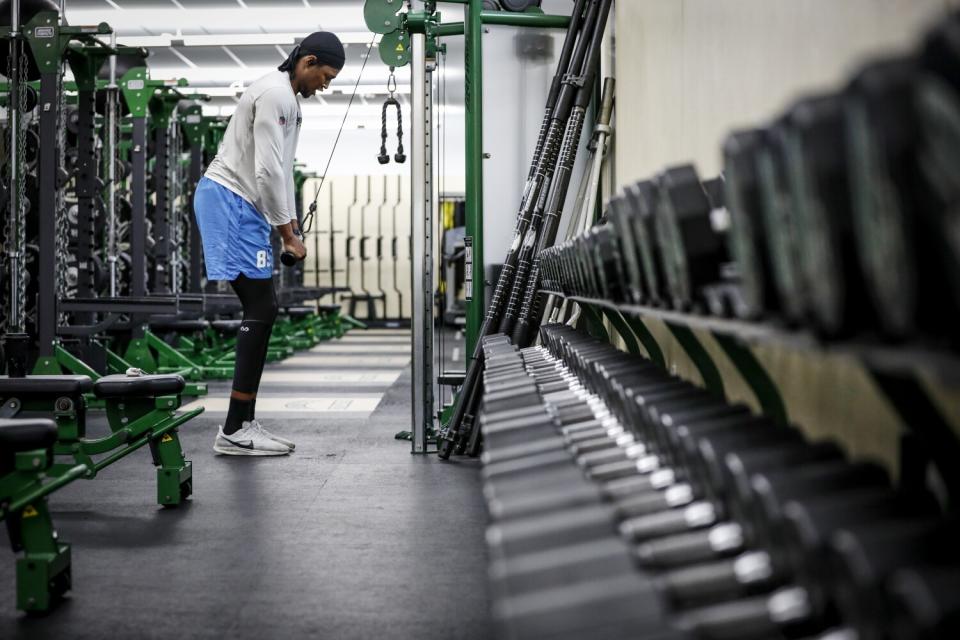 Donald Parham Jr. trains in the weight room at Stetson University in DeLand, Fla., on April 7.