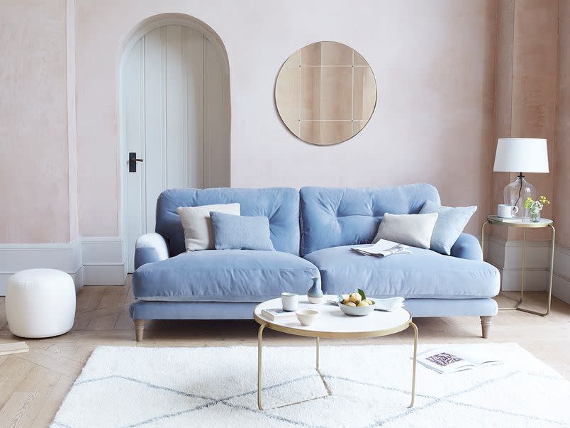 <p>The third most sought-after colour or 2021 is classic blue. Another versatile choice, deep blue velvet sofas are luxurious, pillowy powder blue sofas are a bit more country cosy, and greener variations like a teal or sapphire, introduce richer undertones that sit well with a collection of indoor plants and natural materials.</p><p>Pictured: <a href="https://loaf.com/products/sugar-bum-sofa?slide=1" rel="nofollow noopener" target="_blank" data-ylk="slk:Sugar Bum Sofa at Loaf;elm:context_link;itc:0;sec:content-canvas" class="link ">Sugar Bum Sofa at Loaf</a></p>