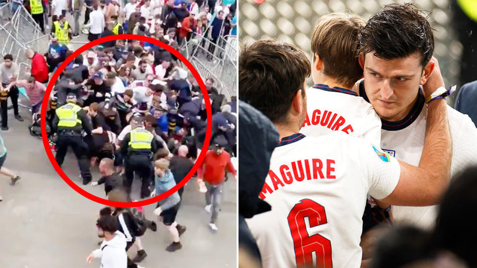 Pictured right, England's Harry Maguire and ticketless fans storming Wembley stadium on the left.