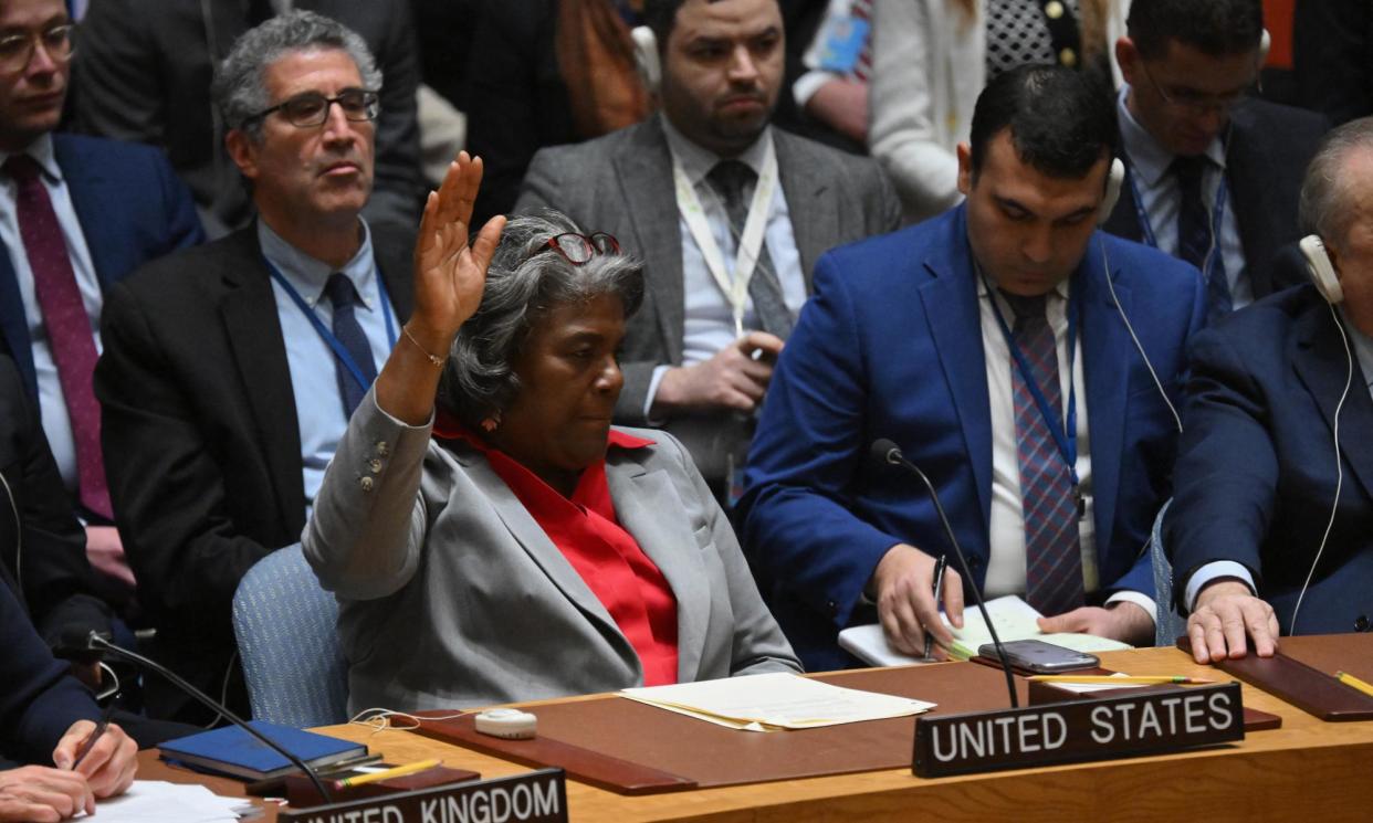 <span>The US ambassador to the UN, Linda Thomas-Greenfield, votes to abstain during the UN vote on a resolution calling for an immediate ceasefire in Gaza.</span><span>Photograph: Angela Weiss/AFP/Getty Images</span>