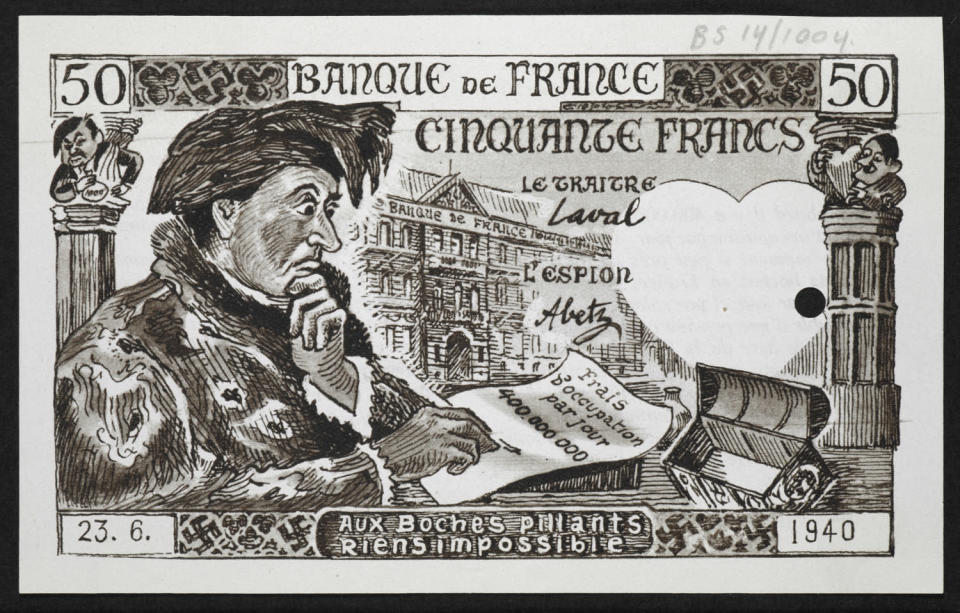 This image, disseminated in France in 1941, shows a mocked-up 50 Franc note (British Library/Foreign Office)