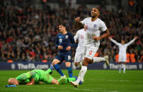 Soccer Football - International Friendly - England v United States - Wembley Stadium, London, Britain - November 15, 2018 England's Callum Wilson celebrates scoring their third goal as Brad Guzan of the U.S. looks dejected REUTERS/Toby Melville