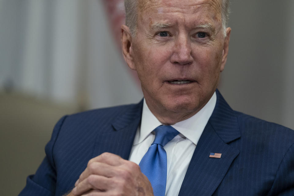 President Joe Biden speaks during a meeting on reducing gun violence, in the Roosevelt Room of the White House, Monday, July 12, 2021, in Washington. (AP Photo/Evan Vucci)