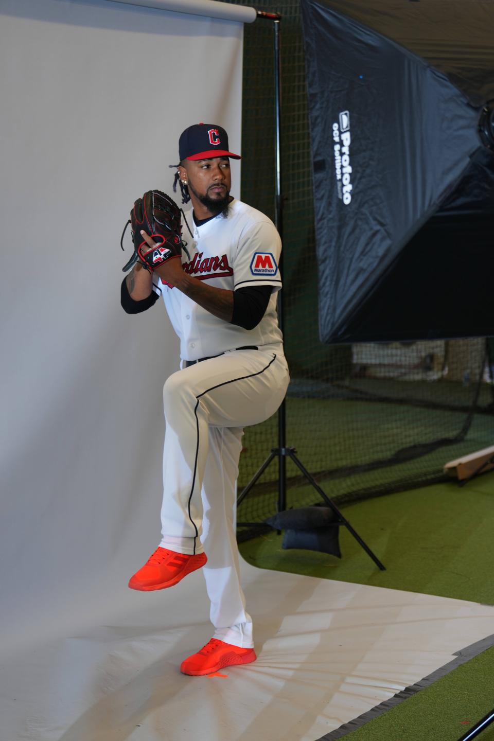 Feb. 22: Cleveland Guardians player Emmanuel Clase poses for a photo during media day.