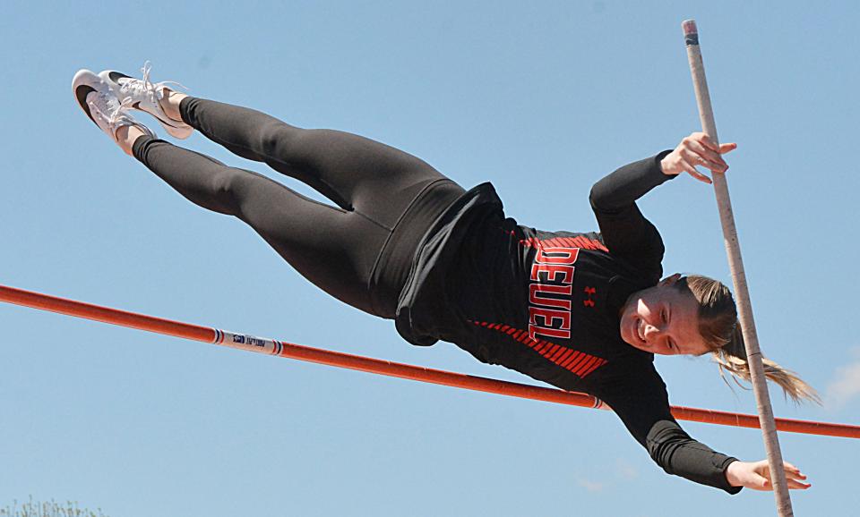 MaKia Moe of Deuel cleared 10 feet, 6 inches to win the girls' pole vault during the Northeast Conference track and field meet on Thursday, May 9, 2024 at Sisseton.