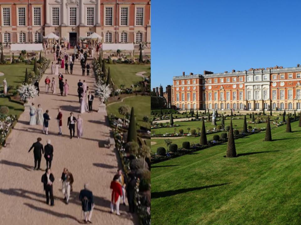 Actors in "Bridgerton" in costume in front of Hampton Court (left) and the castle exterior and gardens in reality (right).