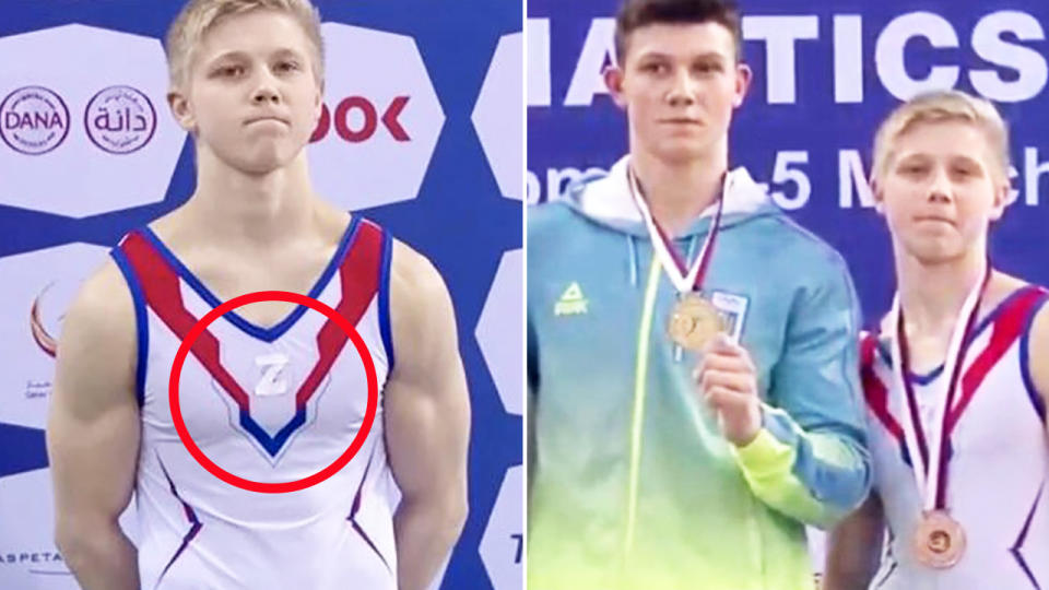 Ivan Kuliak, pictured here wearing the 'Z' symbol on the podium next to Ukrainian rival Illia Kovtun.