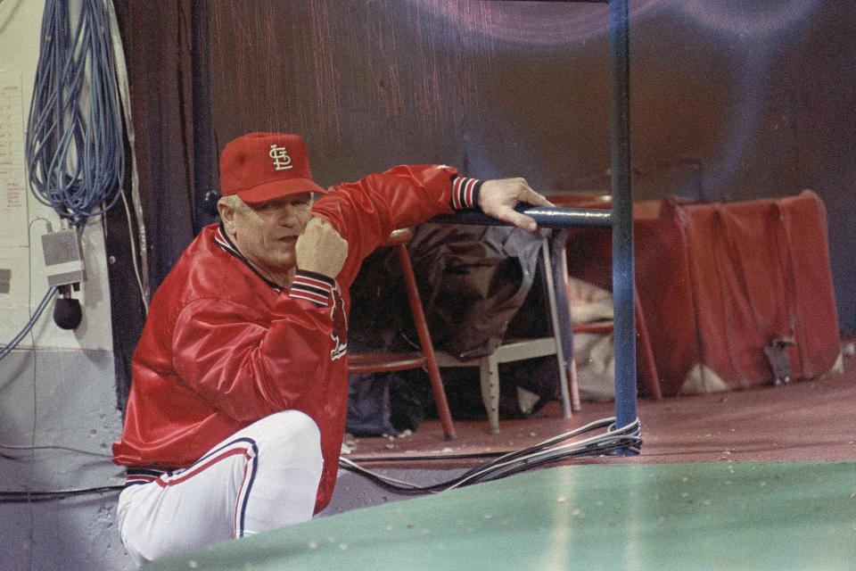 FILE - St. Louis Cardinals manager Whitey Herzog watches during Game 7 of the World Series against the Kansas City Royals in Kansas City, Oct. 27, 1985. The Cardinals lost 11-0. Herzog, the gruff and ingenious Hall of Fame manager who guided the St. Louis Cardinals to three pennants and a World Series title in the 1980s and perfected an intricate, nail-biting strategy known as "Whiteyball," has died. He was 92. Cardinals spokesman Brian Bartow said Tuesday, April 16, 2024, the team had been informed of his death by Herzog's family.(AP Photo)