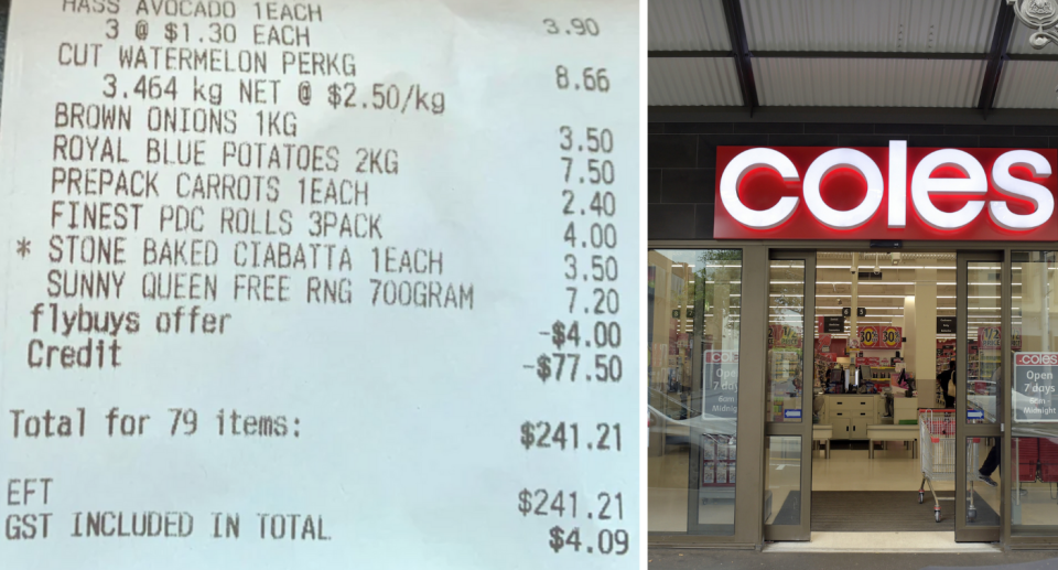 Coles shopper's receipt with the $77.50 credit (left) and exterior of a Coles store (right)
