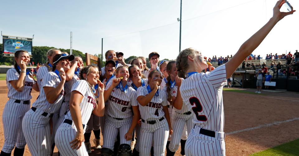 Tecumseh Braves celebrate after the IHSAA Class 1A Softball State Final against the Caston Comets, Saturday, June 10, 2023, at Purdue University’s Bittinger Stadium in West Lafayette, Ind. Tecumseh won 6-0.