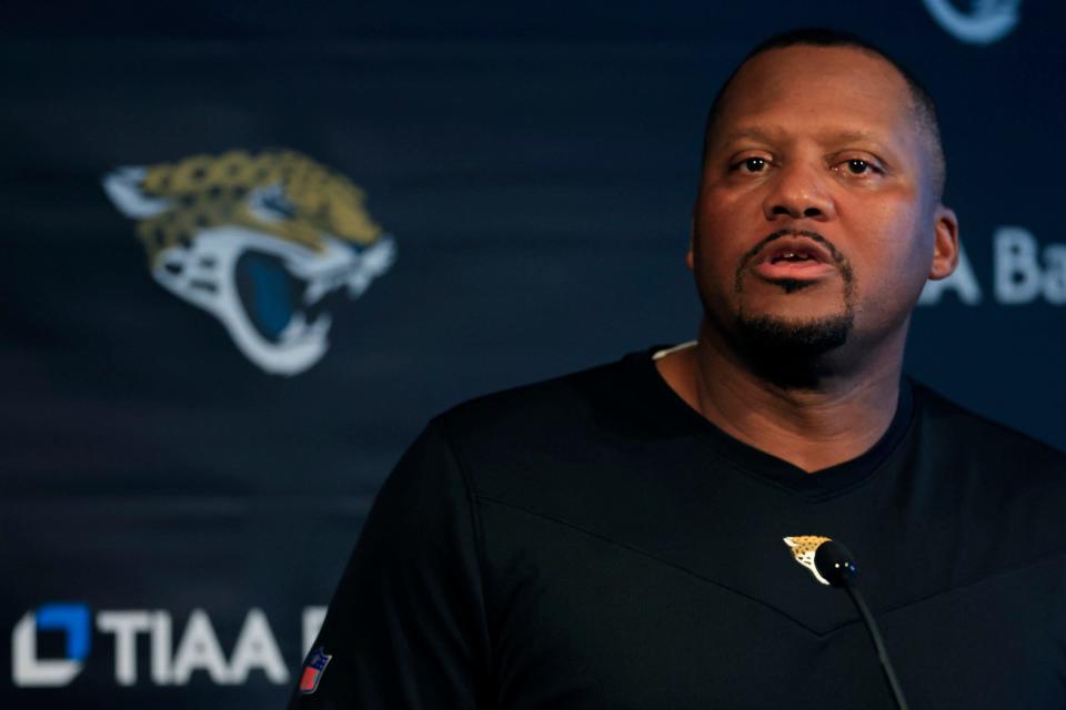 Jacksonville Jaguars defensive coordinator Mike Caldwell is interviewed by media Tuesday, Aug. 1, 2023 at Miller Electric Center at EverBank Stadium in Jacksonville, Fla. Today marked the first padded practice. 