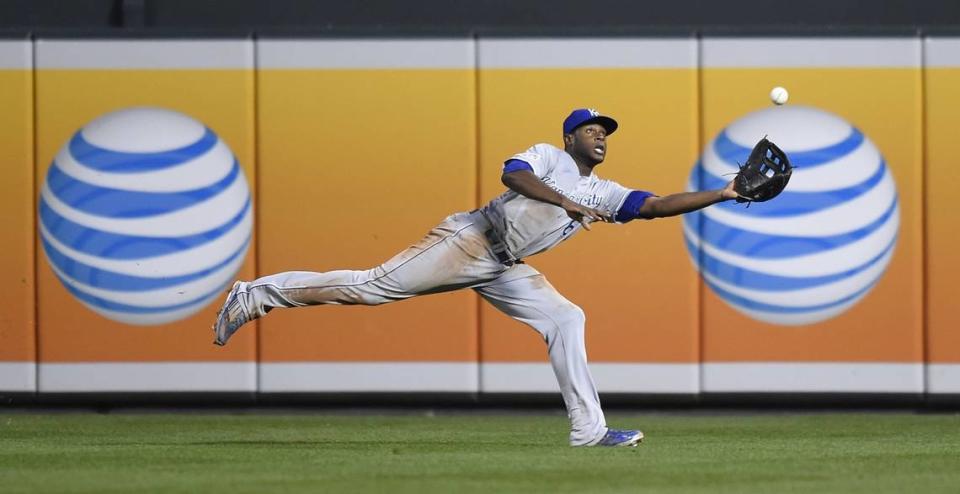 Kansas City Royals center fielder Lorenzo Cain makes a catch to retire the Baltimore Orioles’ J.J. Hardy during the sixth inning in Game 2 of the American League Championship Series on Saturday, Oct. 11, 2014, at Oriole Park at Camden Yards in Baltimore. The Royals won, 6-4, for a 2-0 series lead.