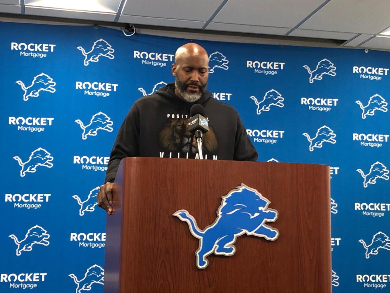 Detroit Lions general manager Brad Holmes wears a black hoodie with the words "Positional Villain" on it at his news conference with reporters in Allen Park on Friday, April 26, 2024 after the second night of the NFL draft.