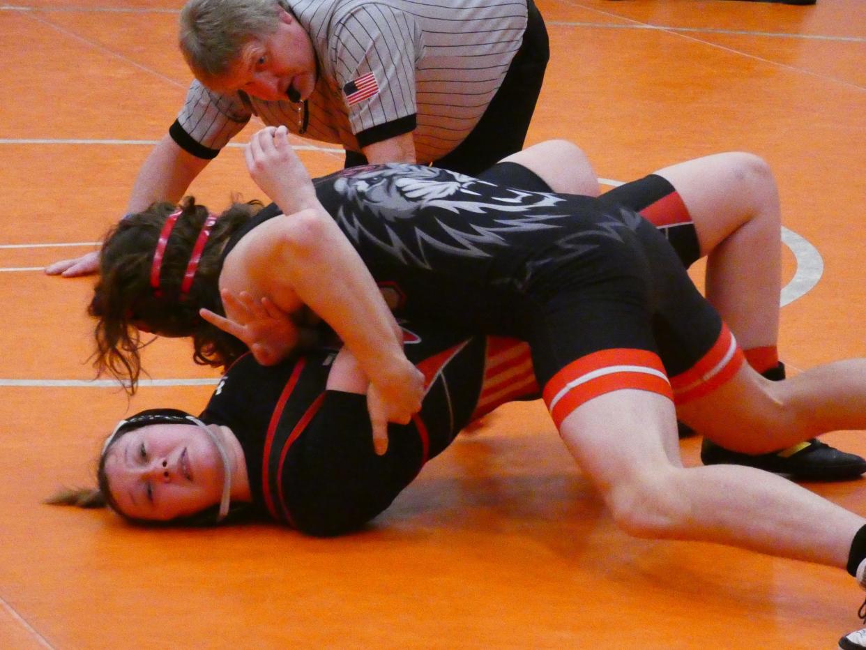 Liberty Union freshman Vinson Haines nears a pin of Groveport freshman Alessia Nicol at 165 pounds during Heath's Robin Drumm Classic on Saturday, Jan. 22, 2022. Haines eventually placed third.