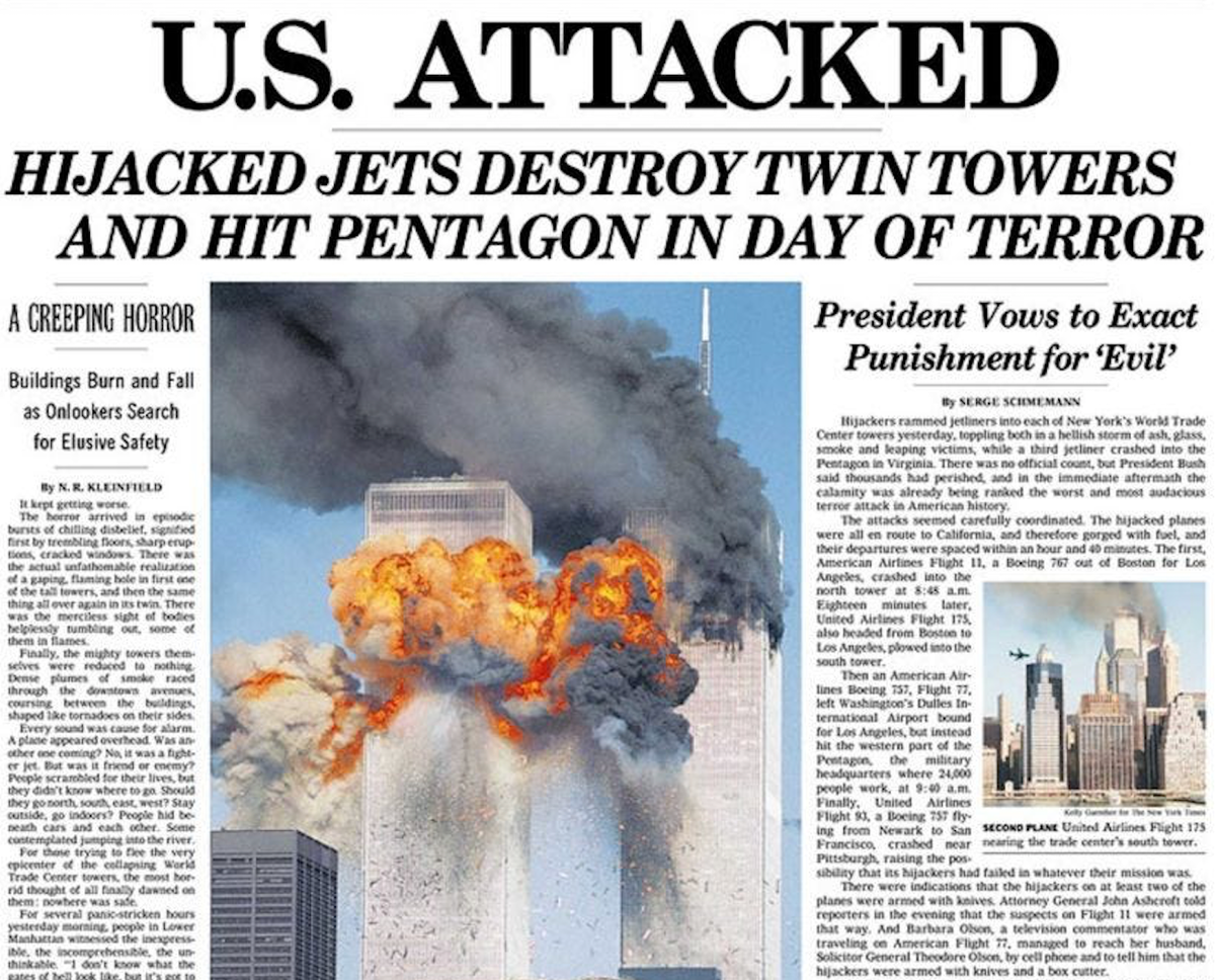 The New York Times’ front page on 12 September, 2001 was crammed with photos and details of the previous day’s horror (The New York Times)