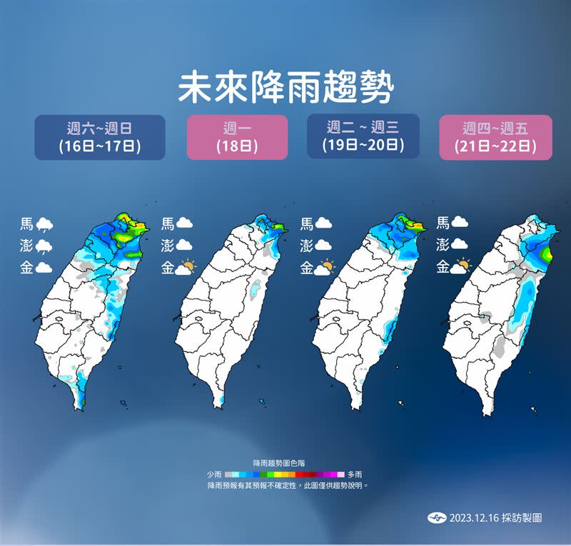 氣象署曝光未來一週降雨趨勢。（圖／中央氣象署）