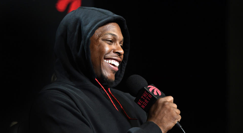 Sep 28, 2019; Toronto, Ontario, Canada; Toronto Raptors guard Kyle Lowry (7) at the podium during Media Day at Scotiabank Arena. Mandatory Credit: Eric Bolte-USA TODAY Sports