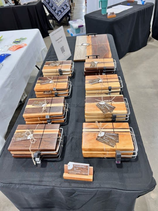 Some of K&K’s custom wood cutting boards.