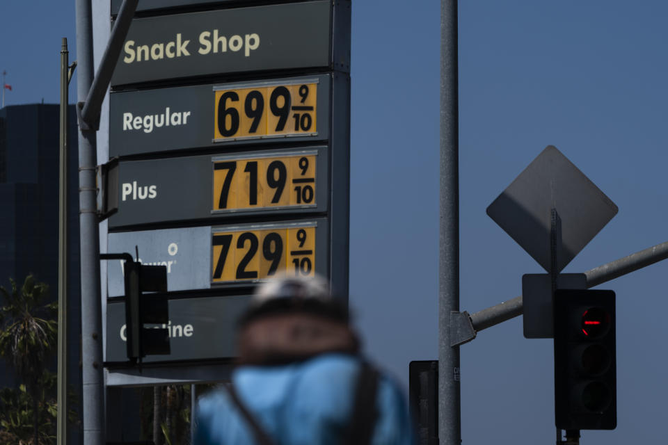 High gas prices are shown in Los Angeles, Tuesday, May 24, 2022. To drive, or not to drive? This Memorial Day weekend, with surging gas prices that are redefining pain at the pump, that is the question for many Americans as a new COVID-19 surge also spreads across the country. (AP Photo/Jae C. Hong)