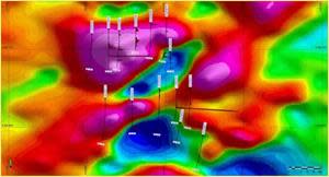 LOCATION OF DRILLHOLES FOR ZECA SOUZA TARGET IN PLAN VIEW RELATIVE TO MAGNETIC ANOMALY