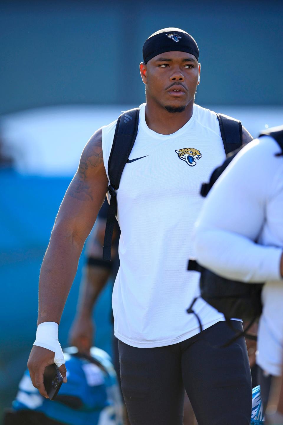 Jacksonville Jaguars outside linebacker Travon Walker (44) arrives during day 7 of the Jaguars Training Camp Sunday, July 31, 2022 at the Knight Sports Complex at Episcopal School of Jacksonville. Today marked the first practice in full pads. 