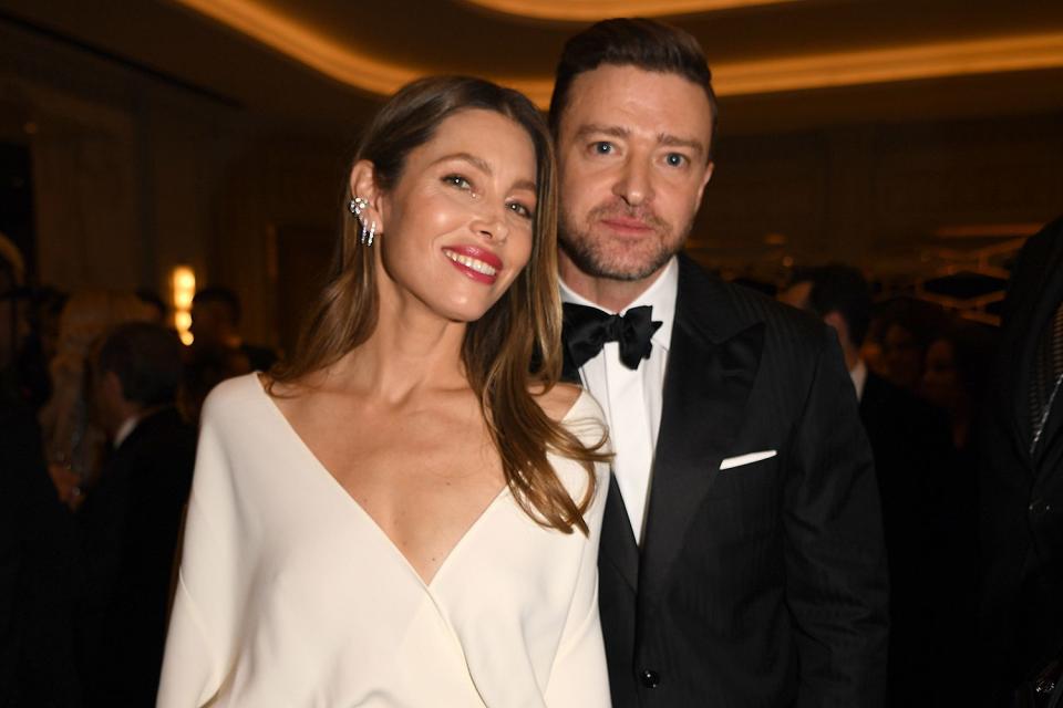 <p>Getty</p> Justin Timberlake and Jessica Biel attend the Fontainebleau Las Vegas Star-Studded Grand Opening Celebration in December 2023.