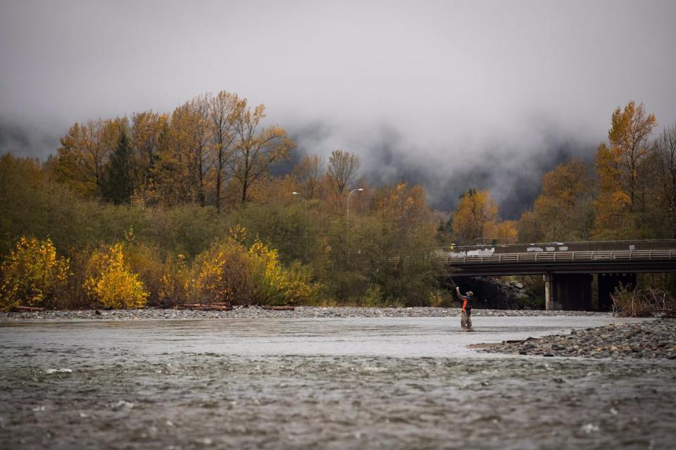 A man fishes in the Mamquam River in Squamish, B.C., on Oct. 31, 2018. A woman went missing in the river on Sunday afternoon. (Darryl Dyck/The Canadian Press - image credit)